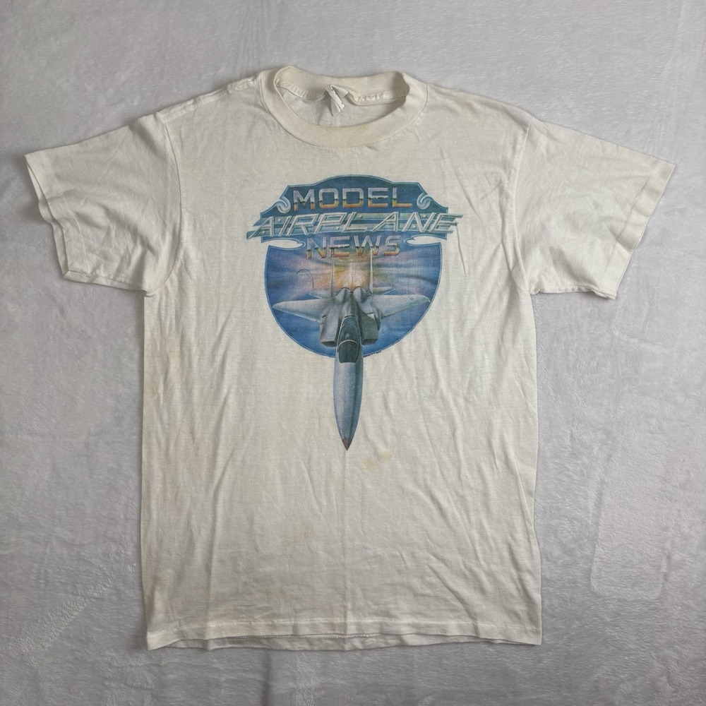 VTG 1982‎ Model Airplane News White SS Graphic Shirt Distressed Mens L Fit S